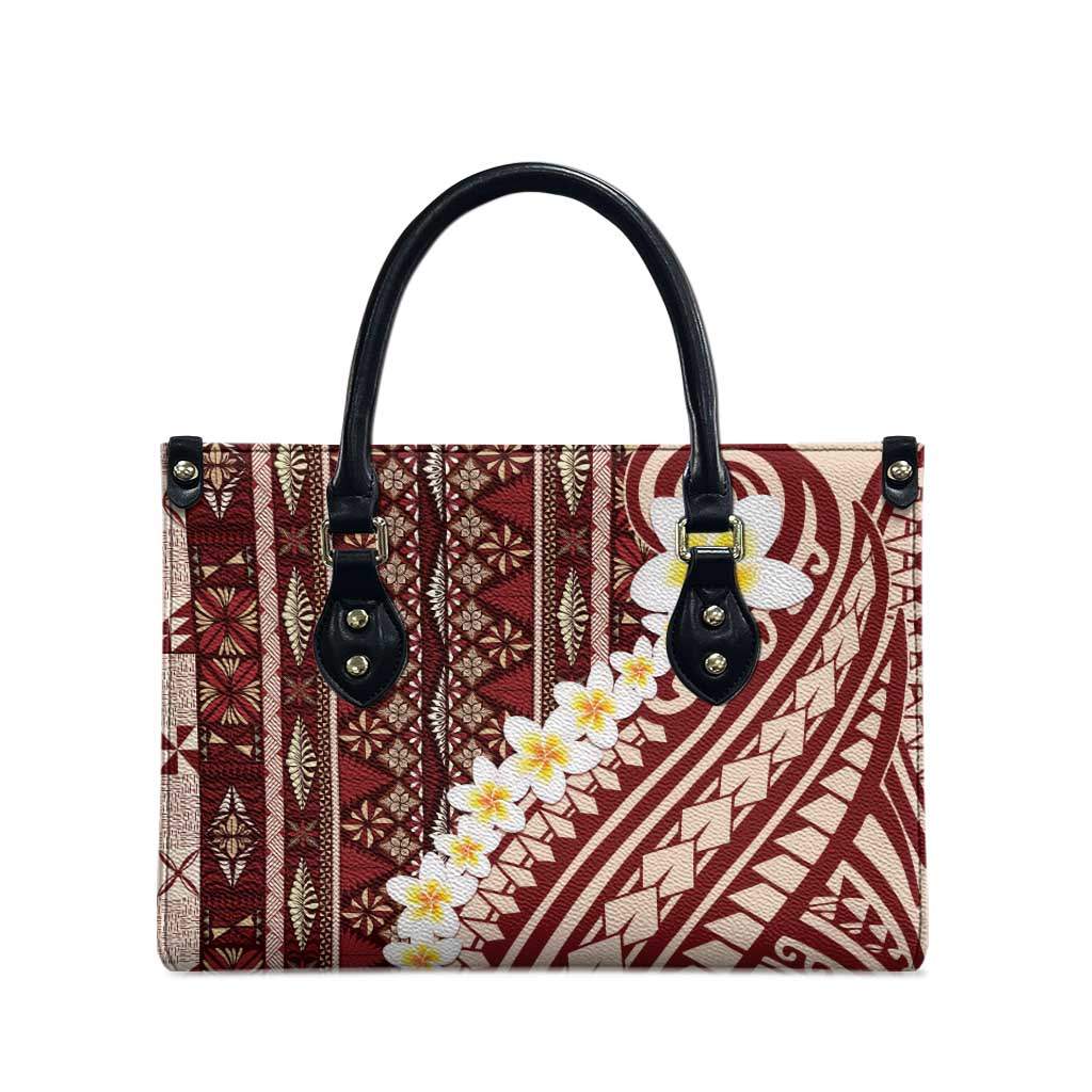 Red Vintage Tonga Ngatu Pattern With Plumeria Leather Bag - Polynesian Pride