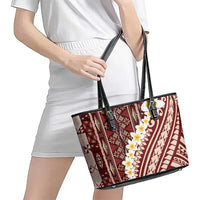 Red Vintage Tonga Ngatu Pattern With Plumeria Leather Tote Bag - Polynesian Pride