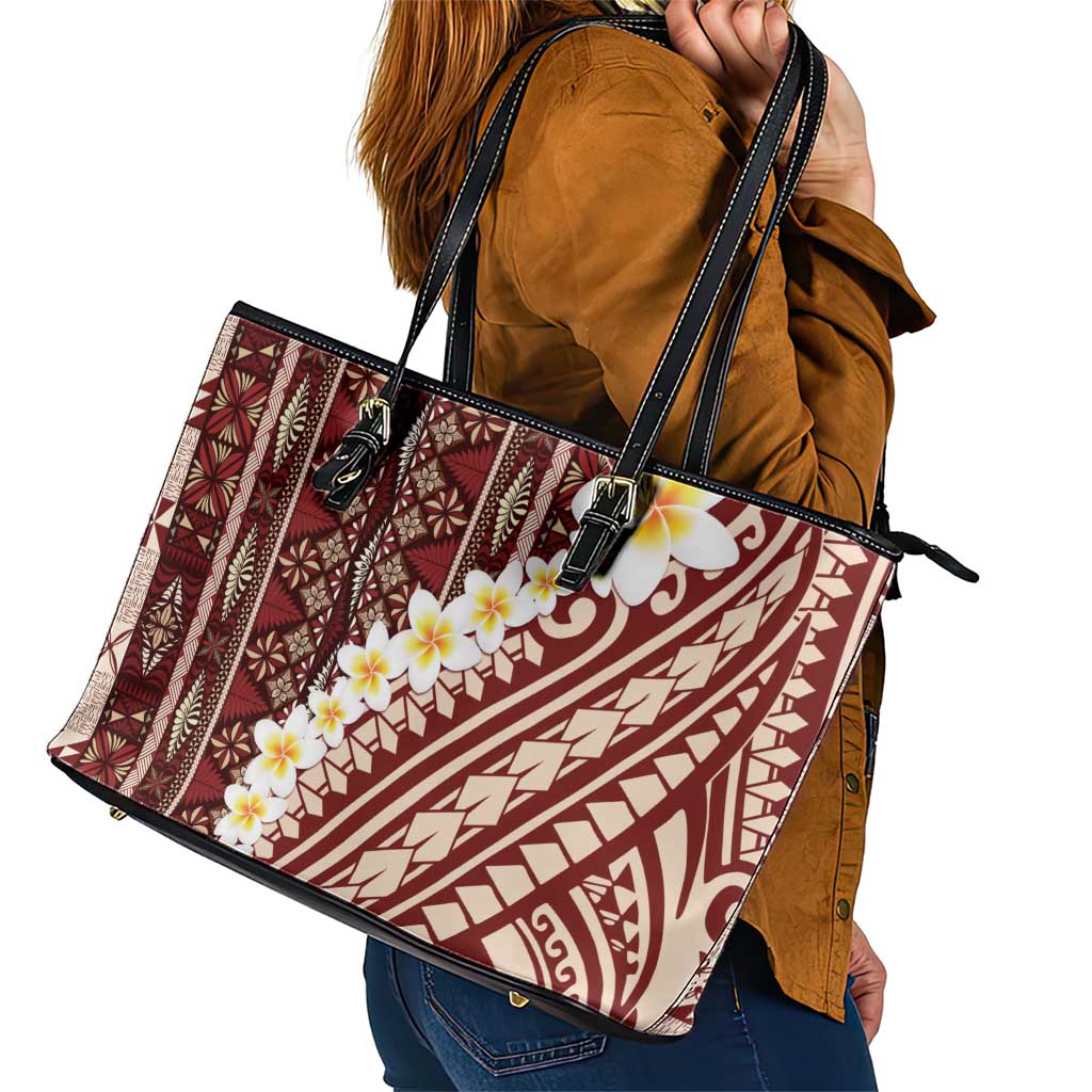 Red Vintage Tonga Ngatu Pattern With Plumeria Leather Tote Bag - Polynesian Pride