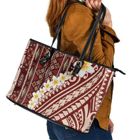 Red Vintage Tonga Ngatu Pattern With Plumeria Leather Tote Bag - Polynesian Pride