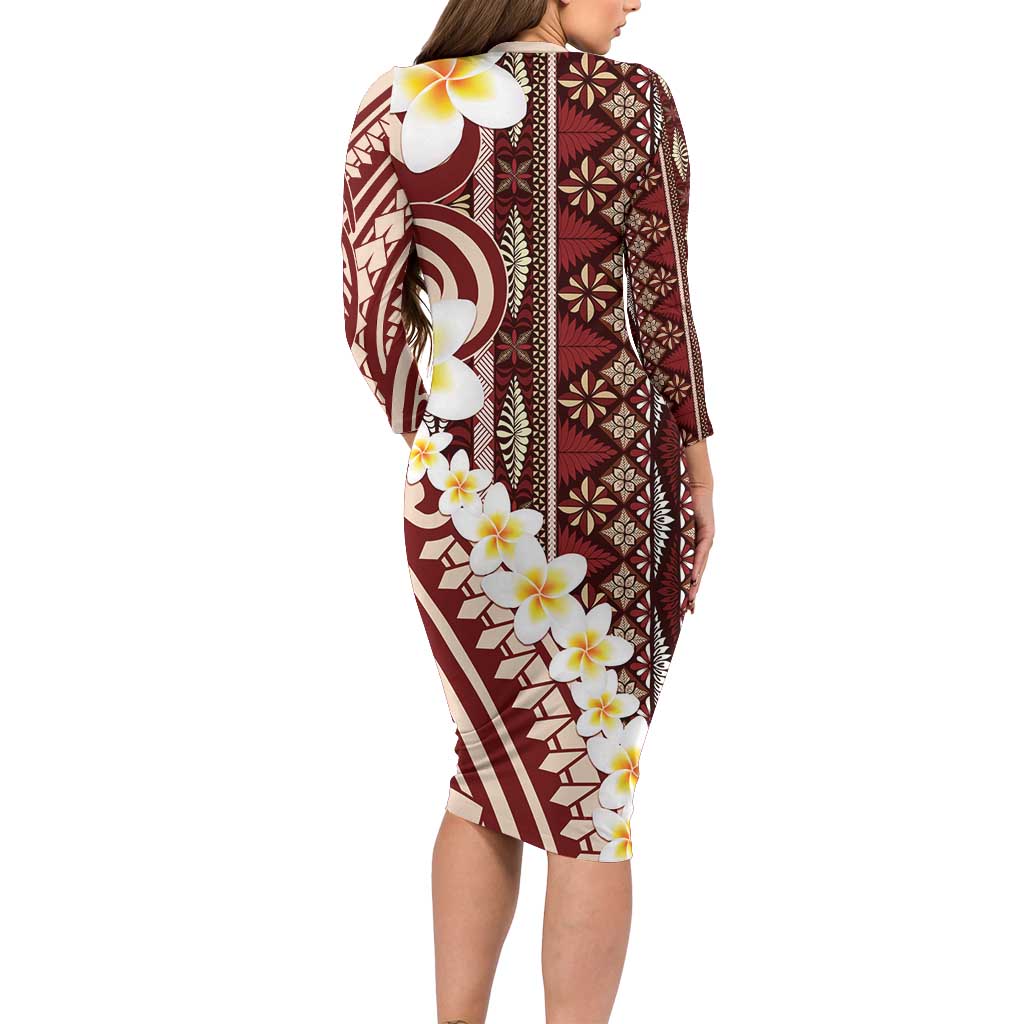 Red Vintage Tonga Ngatu Pattern With Plumeria Long Sleeve Bodycon Dress - Polynesian Pride