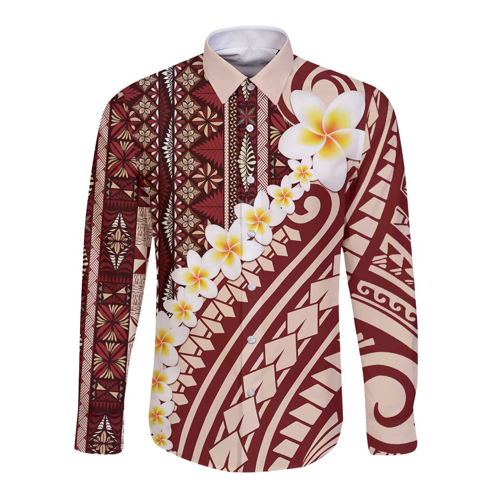 Red Vintage Tonga Ngatu Pattern With Plumeria Long Sleeve Button Shirt LT05 Unisex Red - Polynesian Pride