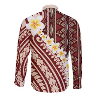 Red Vintage Tonga Ngatu Pattern With Plumeria Long Sleeve Button Shirt LT05 - Polynesian Pride