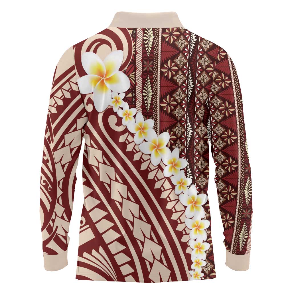 Red Vintage Tonga Ngatu Pattern With Plumeria Long Sleeve Polo Shirt LT05 - Polynesian Pride