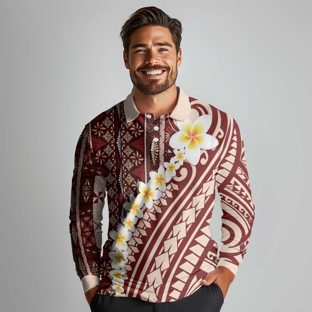Red Vintage Tonga Ngatu Pattern With Plumeria Long Sleeve Polo Shirt LT05 - Polynesian Pride