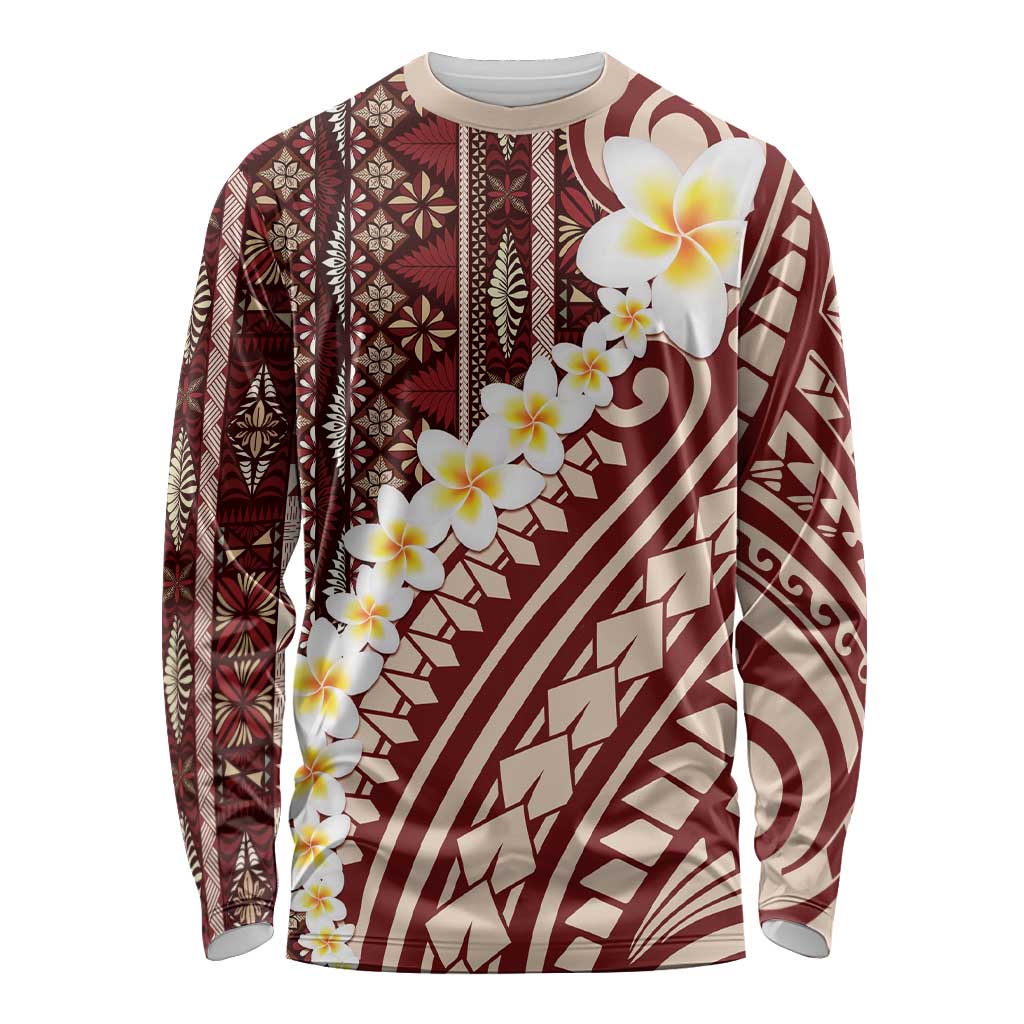 Red Vintage Tonga Ngatu Pattern With Plumeria Long Sleeve Shirt LT05 Unisex Red - Polynesian Pride