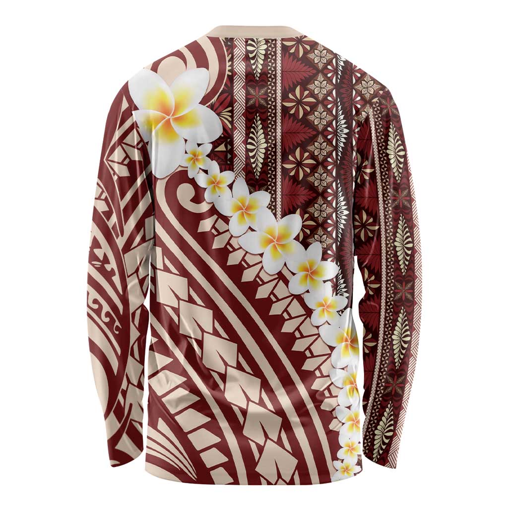 Red Vintage Tonga Ngatu Pattern With Plumeria Long Sleeve Shirt LT05 - Polynesian Pride