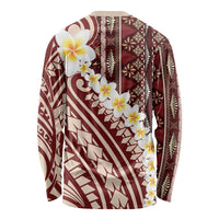 Red Vintage Tonga Ngatu Pattern With Plumeria Long Sleeve Shirt LT05 - Polynesian Pride