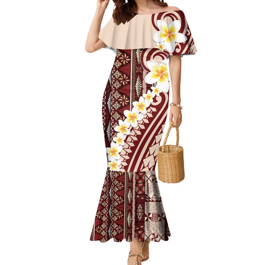 Red Vintage Tonga Ngatu Pattern With Plumeria Mermaid Dress LT05 Women Red - Polynesian Pride