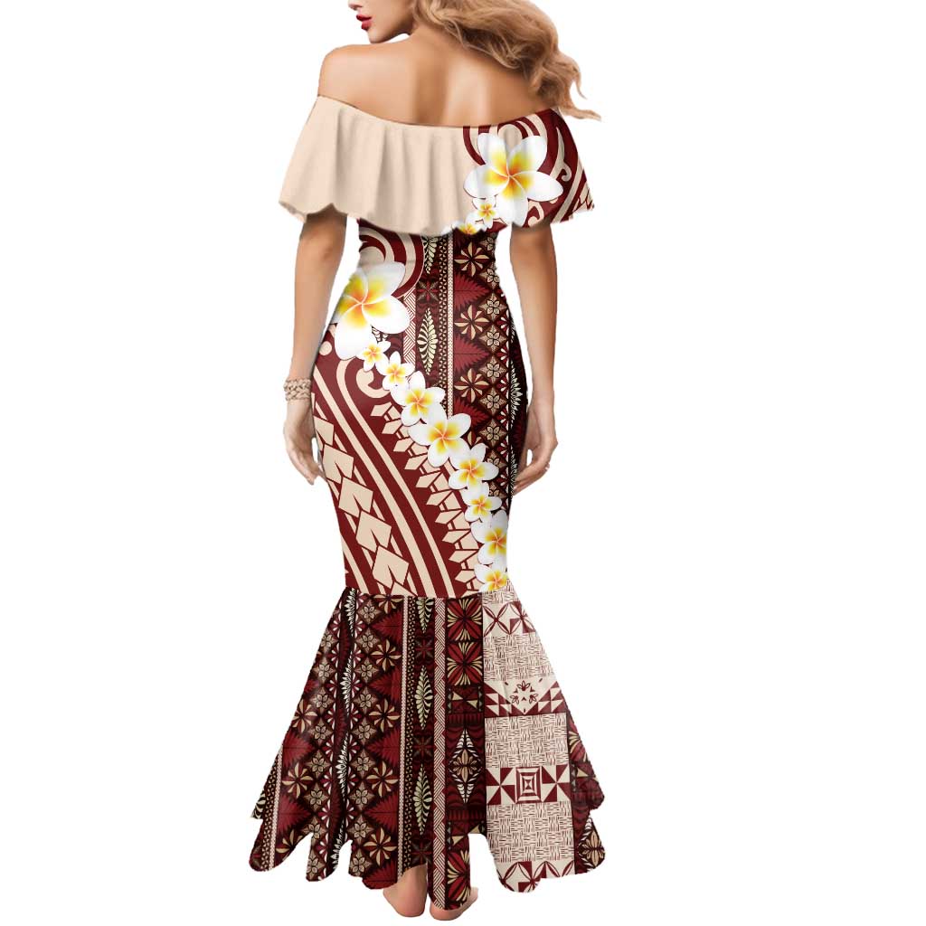 Red Vintage Tonga Ngatu Pattern With Plumeria Mermaid Dress LT05 - Polynesian Pride