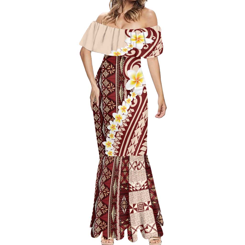 Red Vintage Tonga Ngatu Pattern With Plumeria Mermaid Dress LT05 - Polynesian Pride