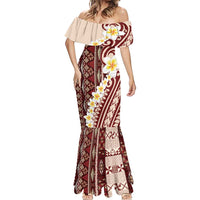 Red Vintage Tonga Ngatu Pattern With Plumeria Mermaid Dress LT05 - Polynesian Pride