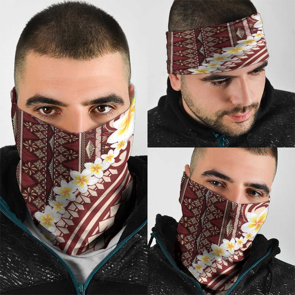 Red Vintage Tonga Ngatu Pattern With Plumeria Neck Gaiter LT05 - Polynesian Pride