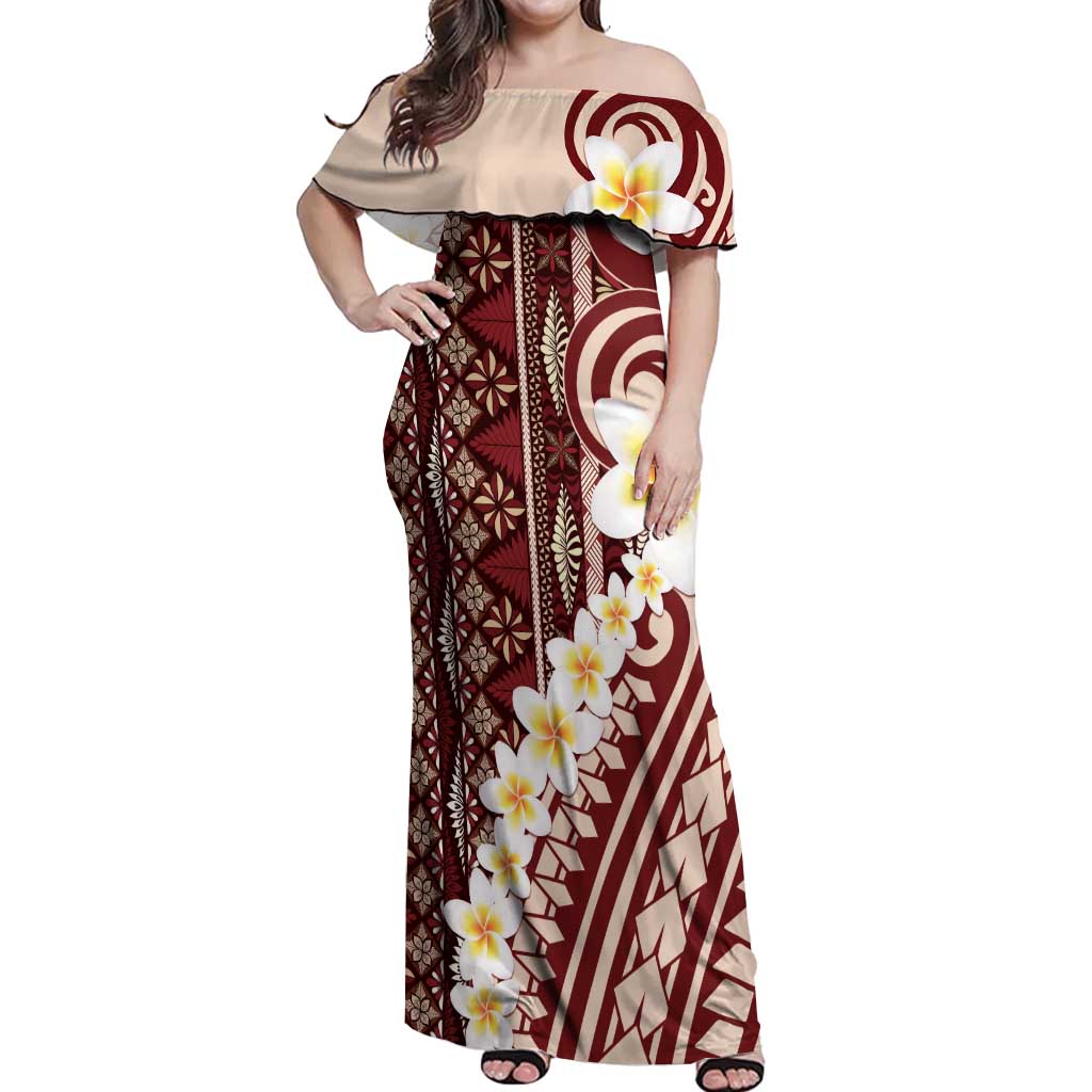 Red Vintage Tonga Ngatu Pattern With Plumeria Off Shoulder Maxi Dress - Polynesian Pride
