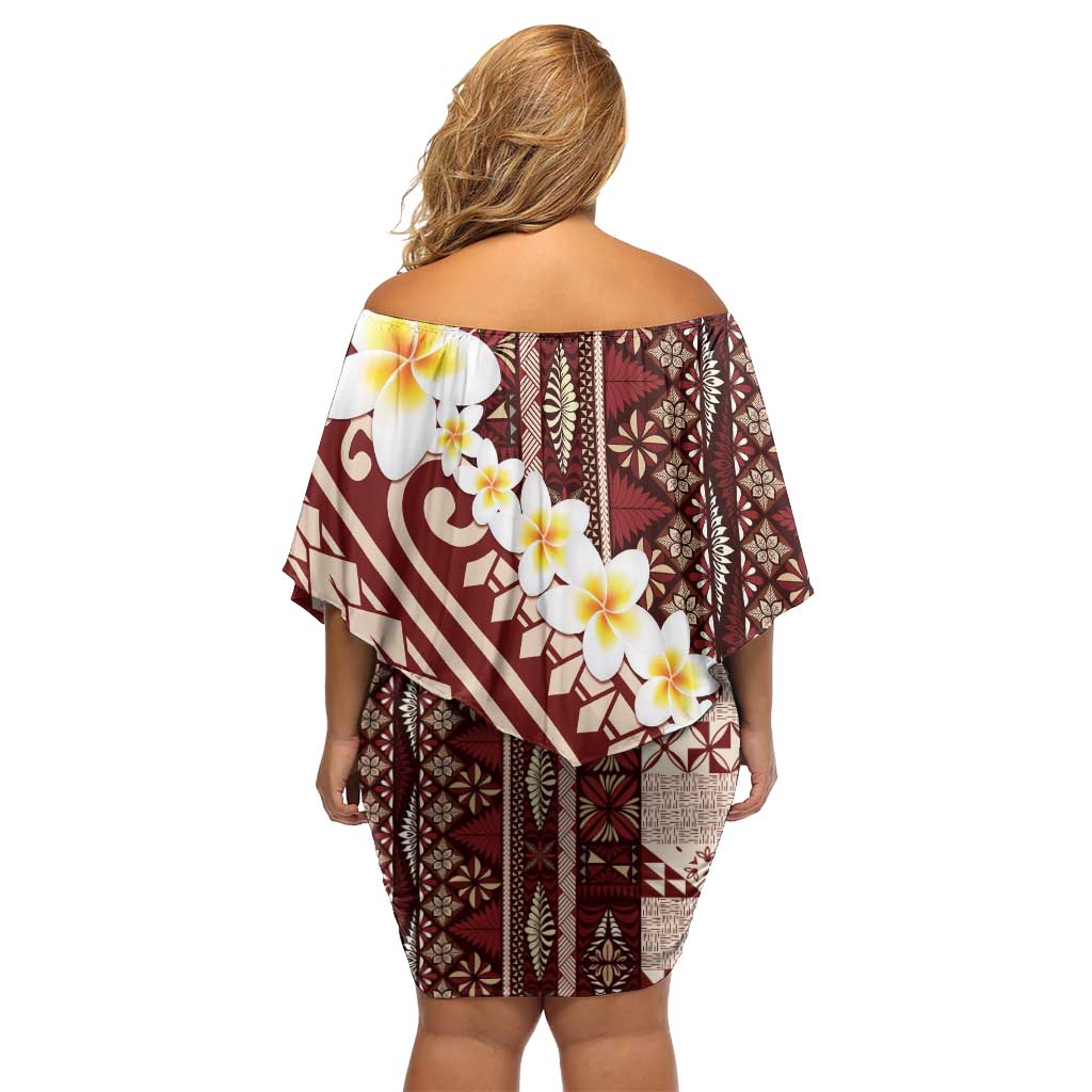Red Vintage Tonga Ngatu Pattern With Plumeria Off Shoulder Short Dress - Polynesian Pride