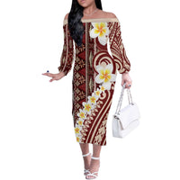 Red Vintage Tonga Ngatu Pattern With Plumeria Off The Shoulder Long Sleeve Dress LT05 Women Red - Polynesian Pride