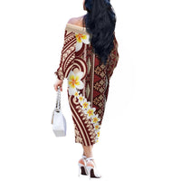 Red Vintage Tonga Ngatu Pattern With Plumeria Off The Shoulder Long Sleeve Dress LT05 - Polynesian Pride