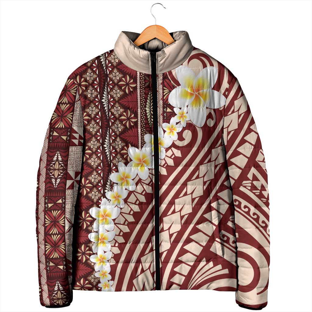 Red Vintage Tonga Ngatu Pattern With Plumeria Padded Jacket LT05 - Polynesian Pride