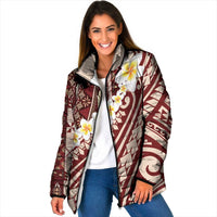 Red Vintage Tonga Ngatu Pattern With Plumeria Padded Jacket LT05 Women Red - Polynesian Pride