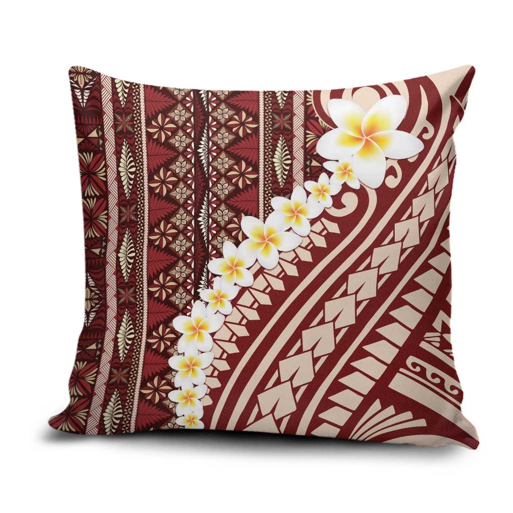 Red Vintage Tonga Ngatu Pattern With Plumeria Pillow Cover - Polynesian Pride