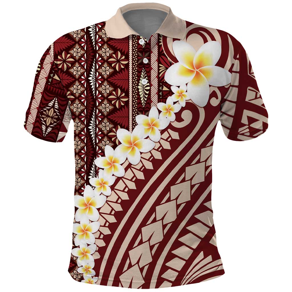 Red Vintage Tonga Ngatu Pattern With Plumeria Polo Shirt - Polynesian Pride
