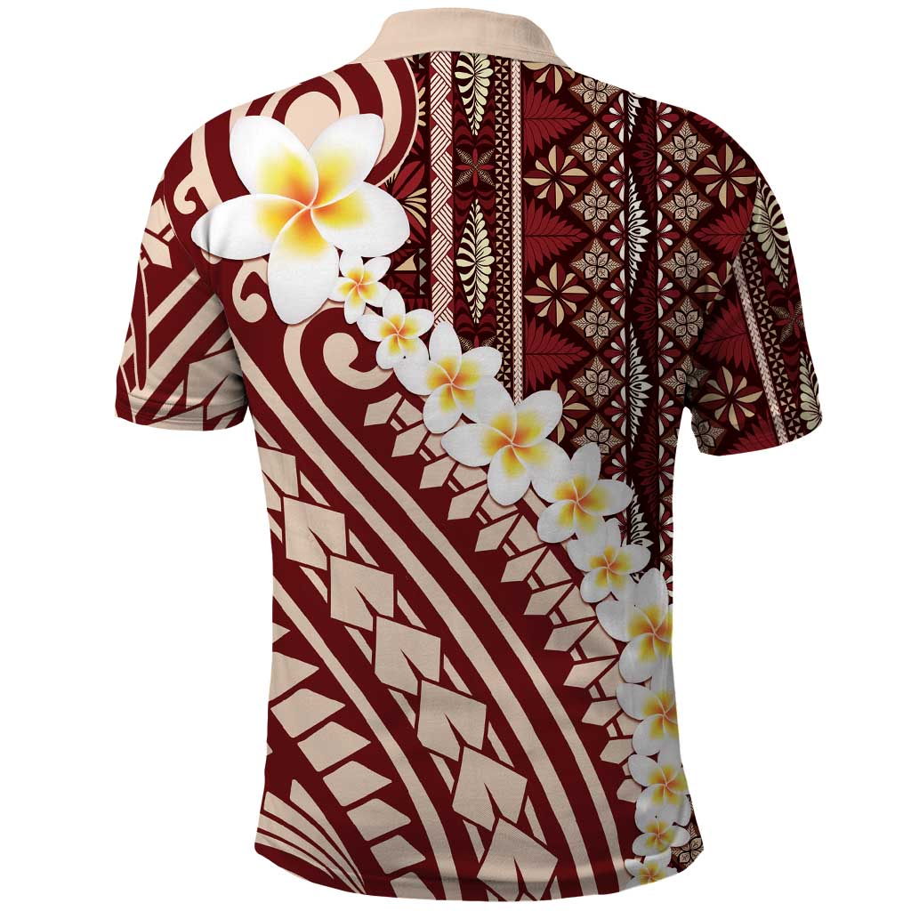 Red Vintage Tonga Ngatu Pattern With Plumeria Polo Shirt - Polynesian Pride