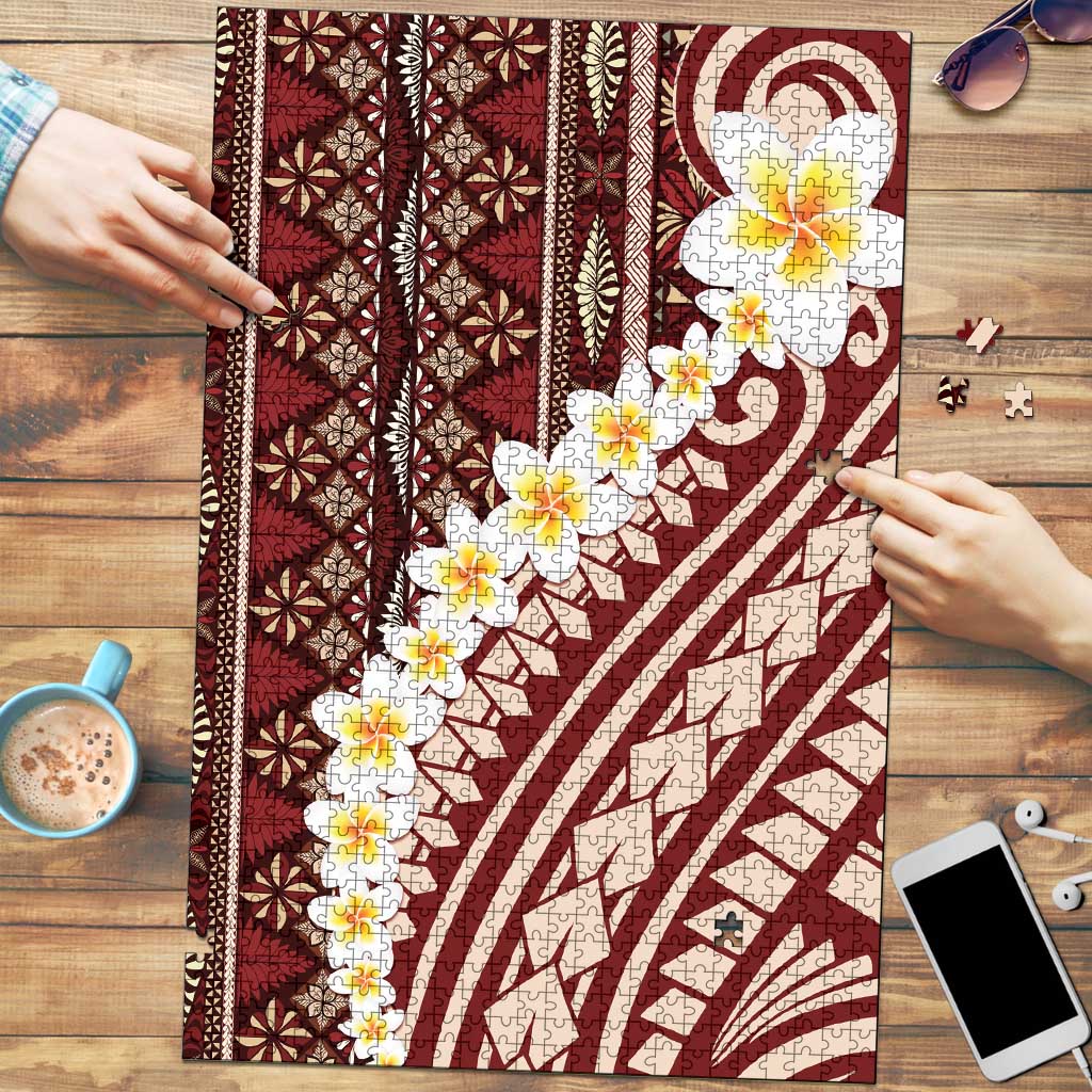 Red Vintage Tonga Ngatu Pattern With Plumeria Puzzle LT05 Red - Polynesian Pride