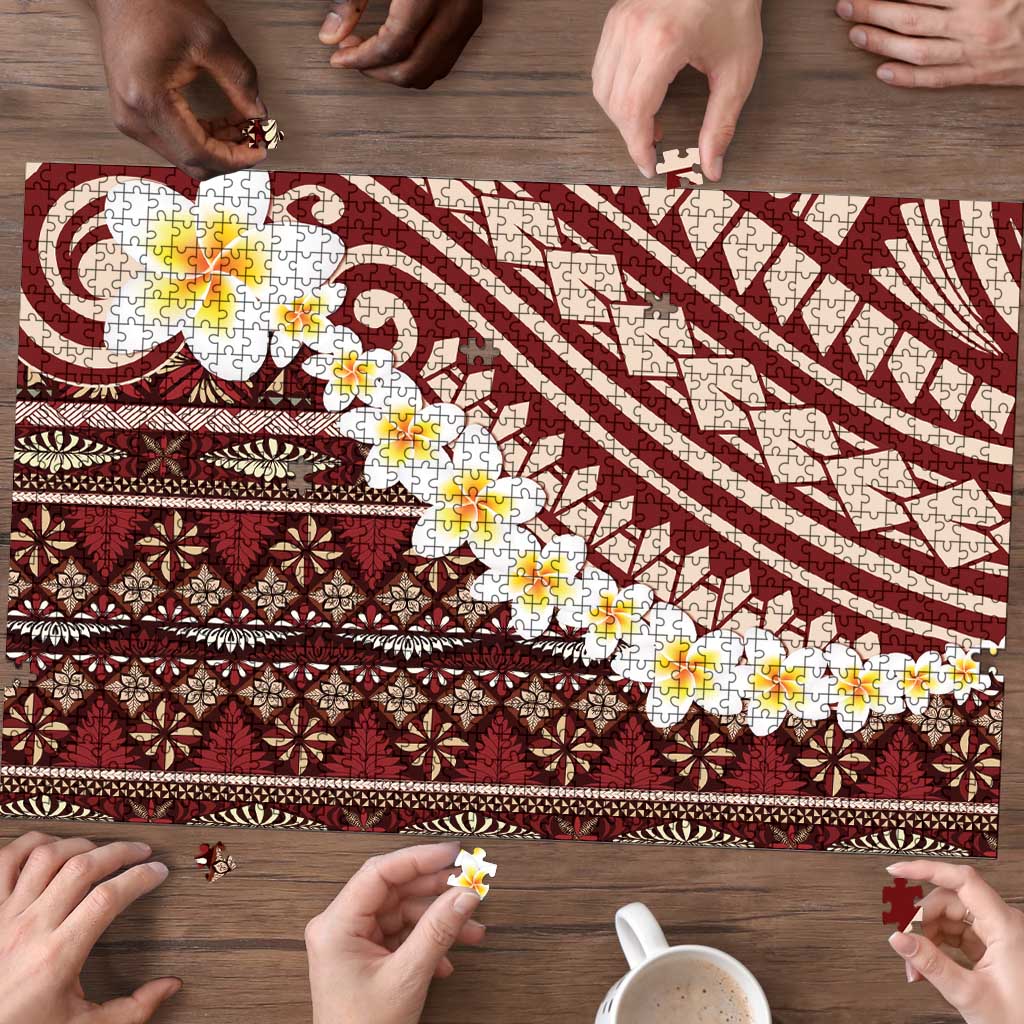 Red Vintage Tonga Ngatu Pattern With Plumeria Puzzle LT05 - Polynesian Pride