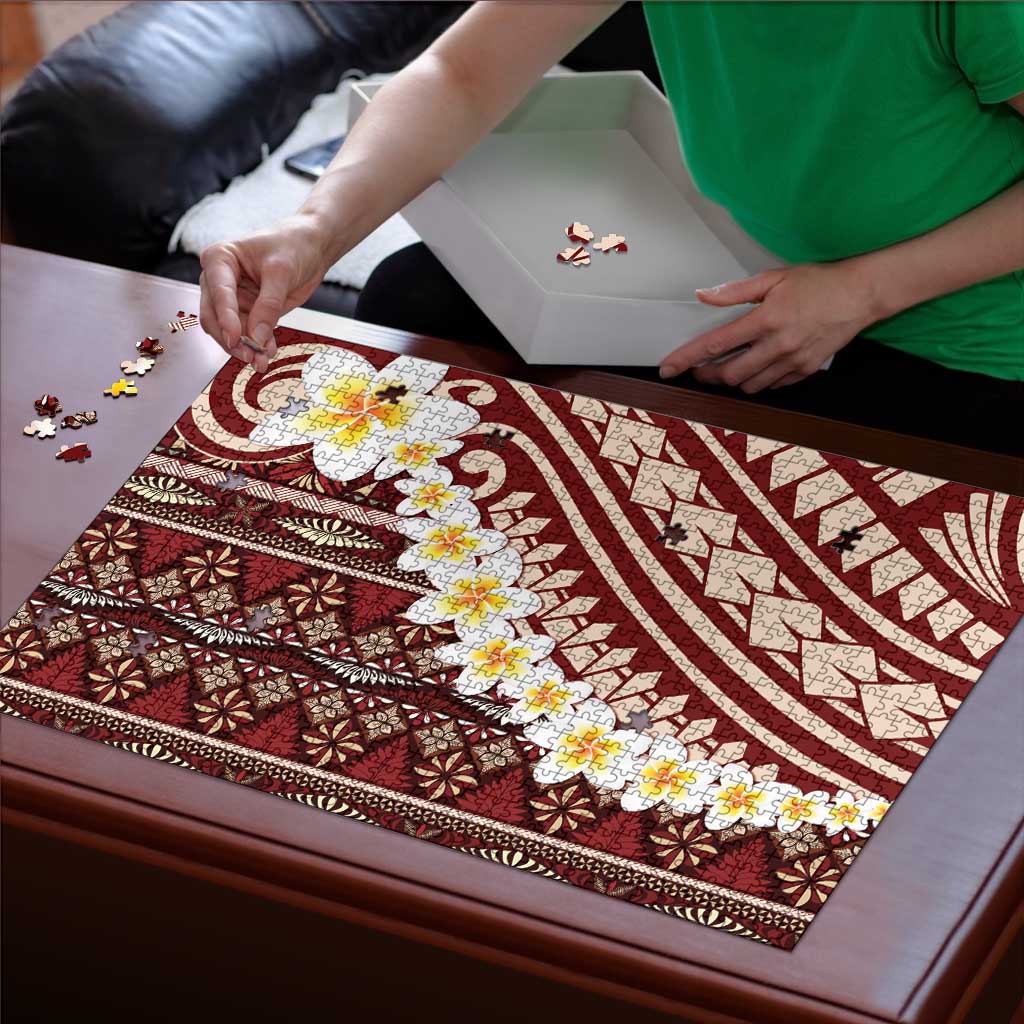 Red Vintage Tonga Ngatu Pattern With Plumeria Puzzle LT05 - Polynesian Pride