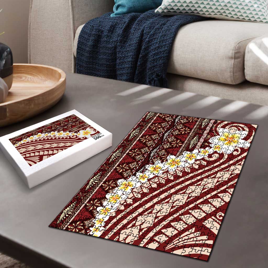 Red Vintage Tonga Ngatu Pattern With Plumeria Puzzle LT05 - Polynesian Pride