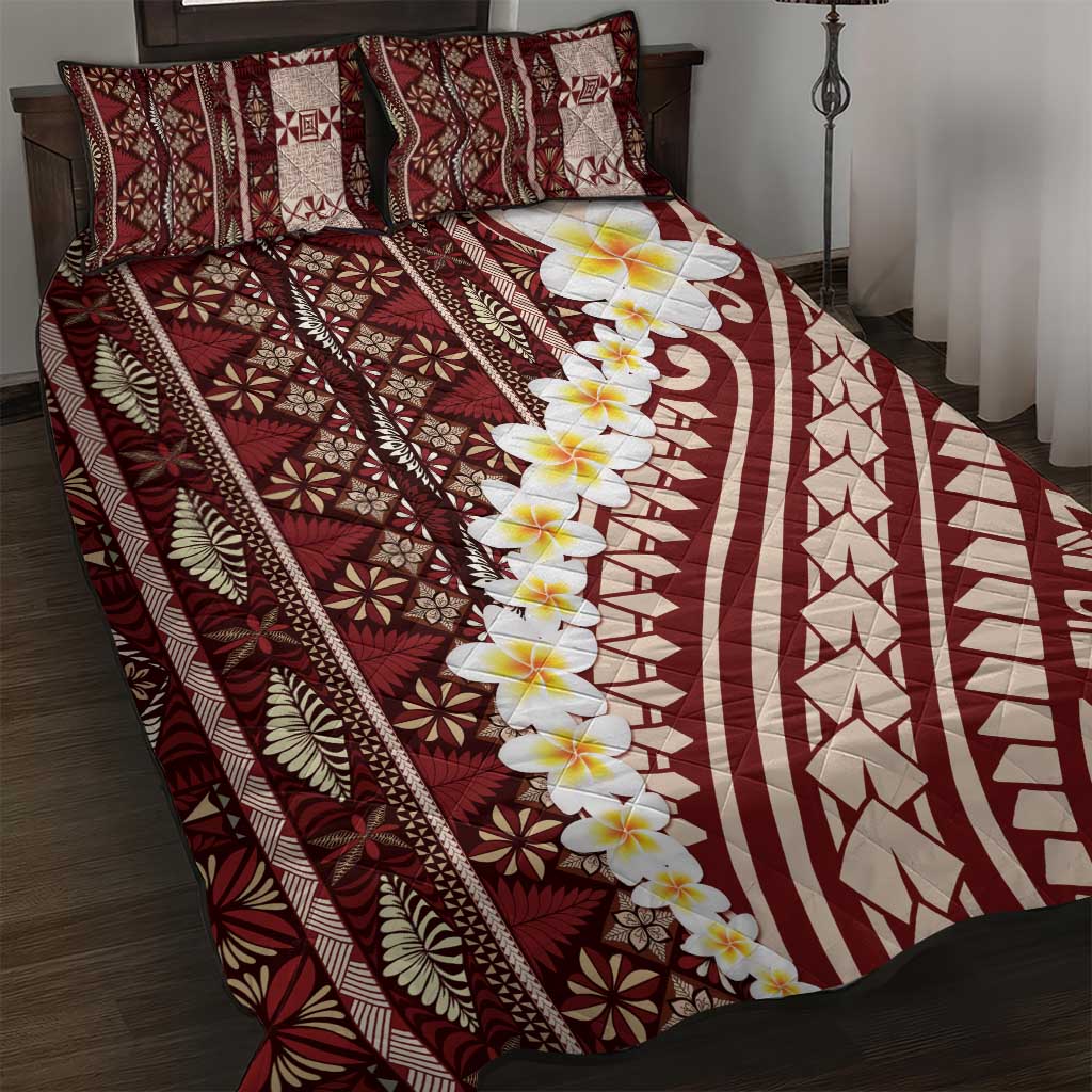 Red Vintage Tonga Ngatu Pattern With Plumeria Quilt Bed Set - Polynesian Pride