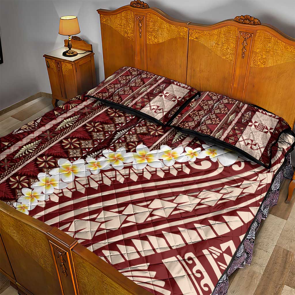 Red Vintage Tonga Ngatu Pattern With Plumeria Quilt Bed Set - Polynesian Pride