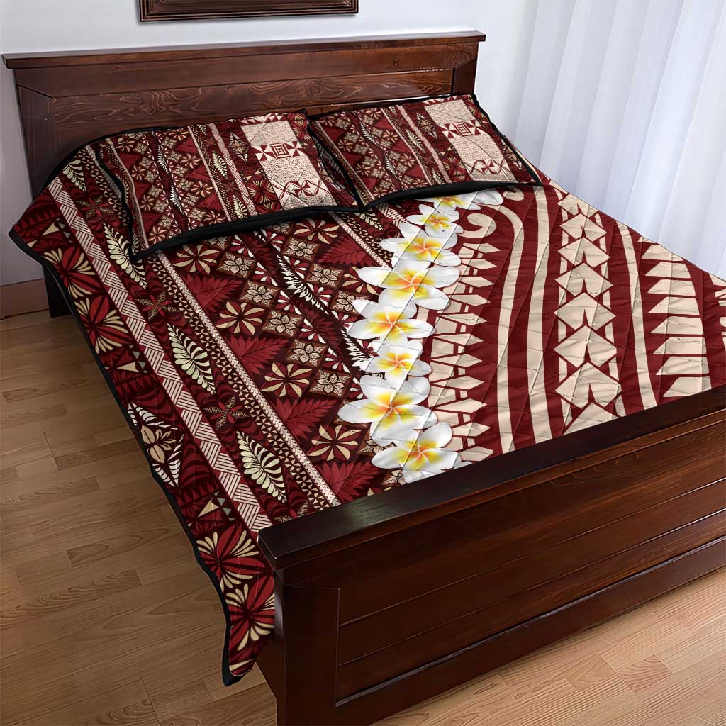 Red Vintage Tonga Ngatu Pattern With Plumeria Quilt Bed Set - Polynesian Pride