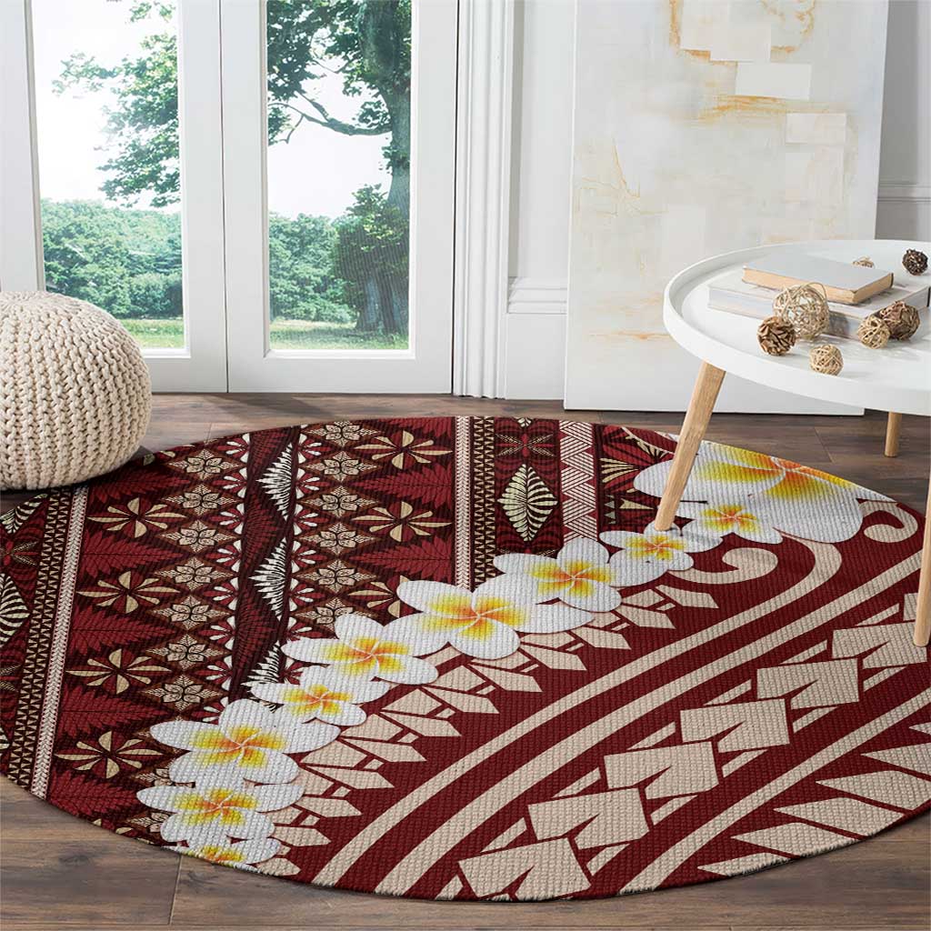 Red Vintage Tonga Ngatu Pattern With Plumeria Round Carpet - Polynesian Pride
