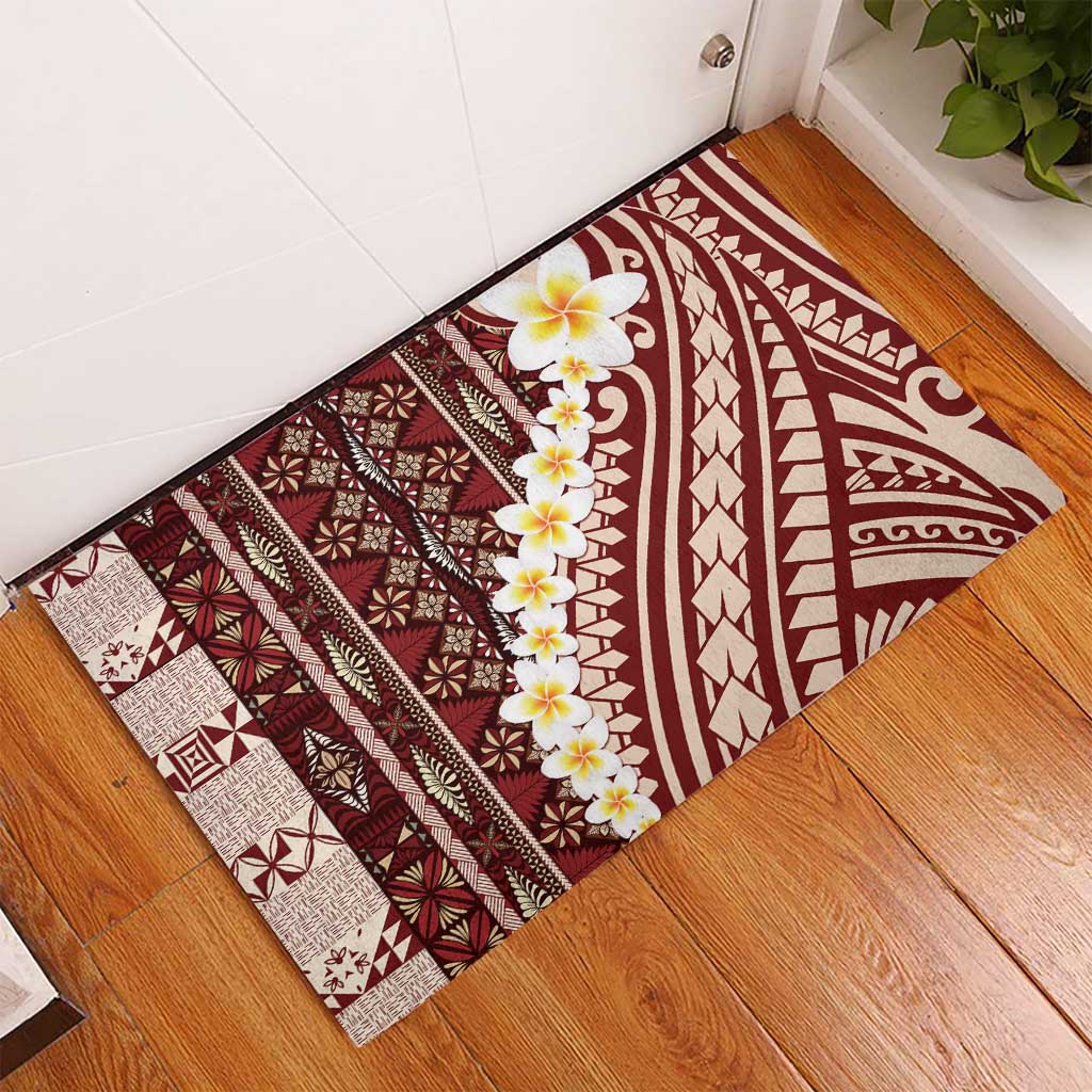 Red Vintage Tonga Ngatu Pattern With Plumeria Rubber Doormat LT05 - Polynesian Pride
