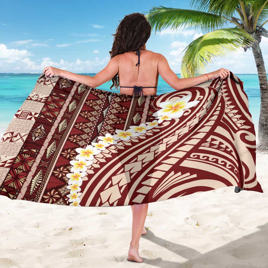 Red Vintage Tonga Ngatu Pattern With Plumeria Sarong - Polynesian Pride