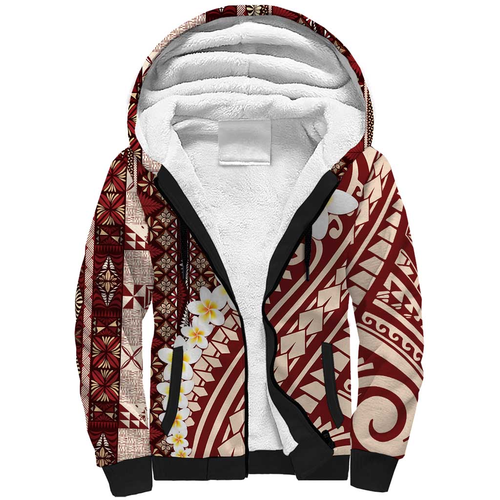 Red Vintage Tonga Ngatu Pattern With Plumeria Sherpa Hoodie - Polynesian Pride