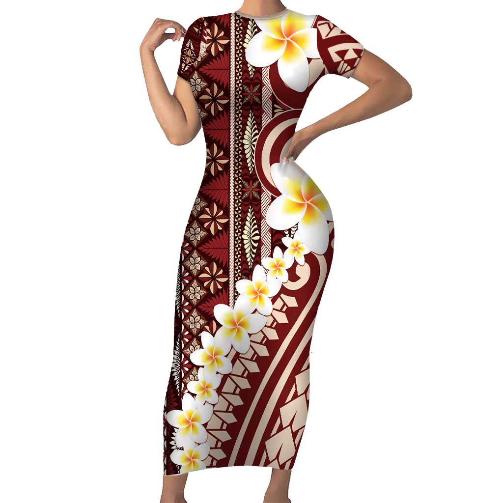 Red Vintage Tonga Ngatu Pattern With Plumeria Short Sleeve Bodycon Dress LT05 Long Dress Red - Polynesian Pride