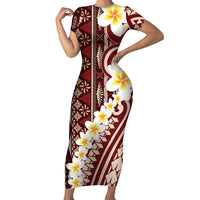 Red Vintage Tonga Ngatu Pattern With Plumeria Short Sleeve Bodycon Dress LT05 Long Dress Red - Polynesian Pride