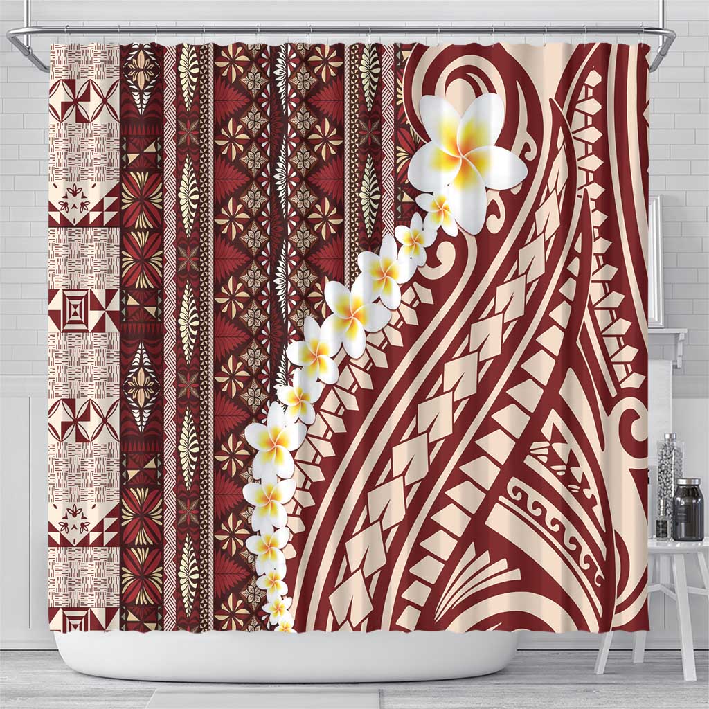 Red Vintage Tonga Ngatu Pattern With Plumeria Shower Curtain - Polynesian Pride