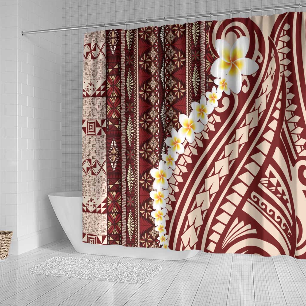 Red Vintage Tonga Ngatu Pattern With Plumeria Shower Curtain - Polynesian Pride
