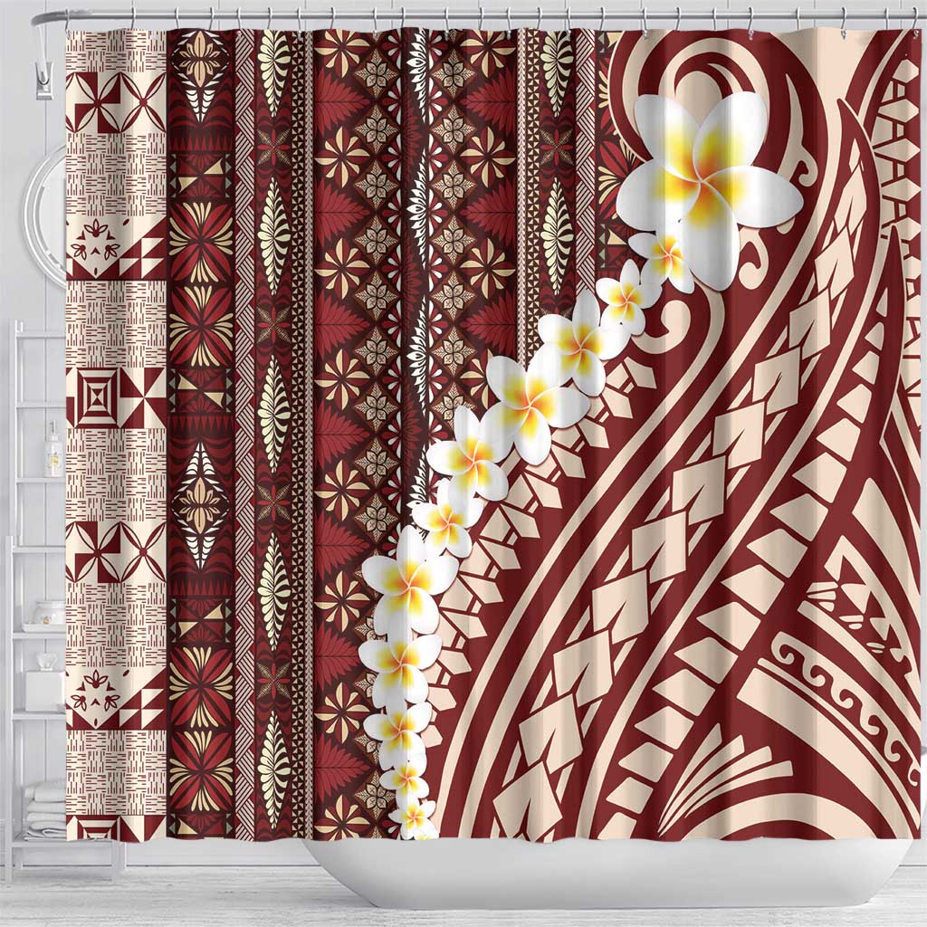 Red Vintage Tonga Ngatu Pattern With Plumeria Shower Curtain - Polynesian Pride