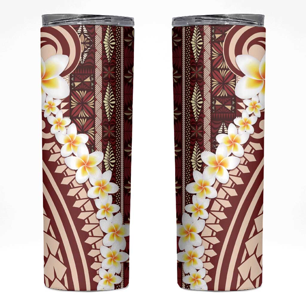 Red Vintage Tonga Ngatu Pattern With Plumeria Skinny Tumbler LT05 Red - Polynesian Pride