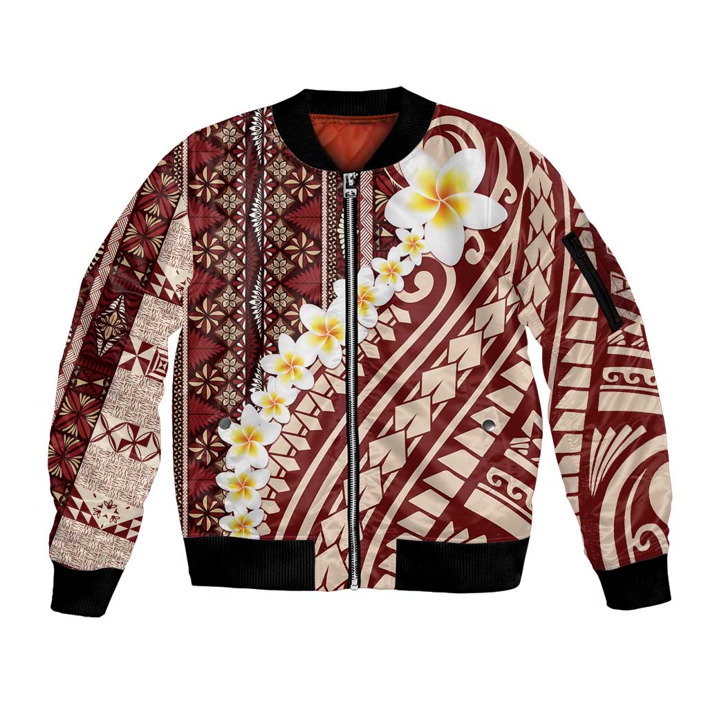 Red Vintage Tonga Ngatu Pattern With Plumeria Sleeve Zip Bomber Jacket - Polynesian Pride