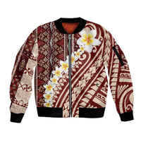 Red Vintage Tonga Ngatu Pattern With Plumeria Sleeve Zip Bomber Jacket - Polynesian Pride