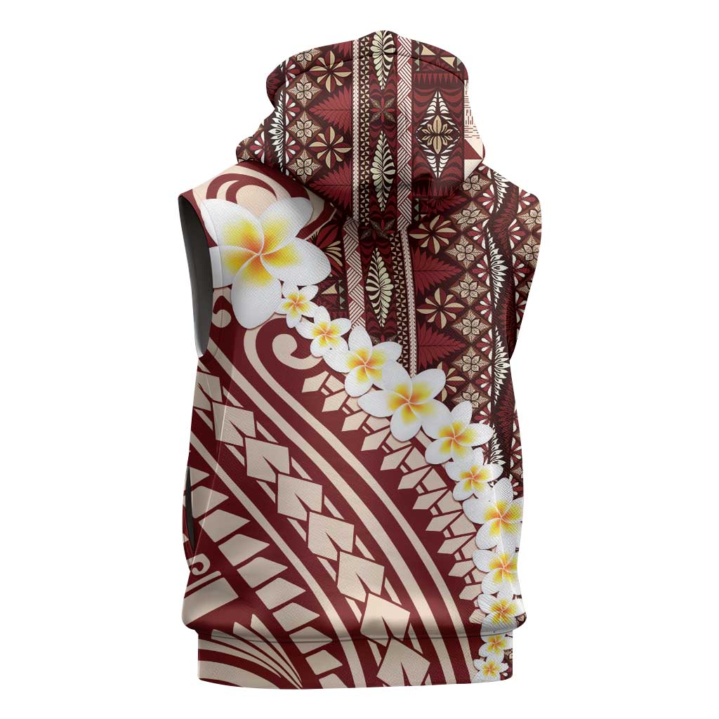 Red Vintage Tonga Ngatu Pattern With Plumeria Sleeveless Hoodie - Polynesian Pride