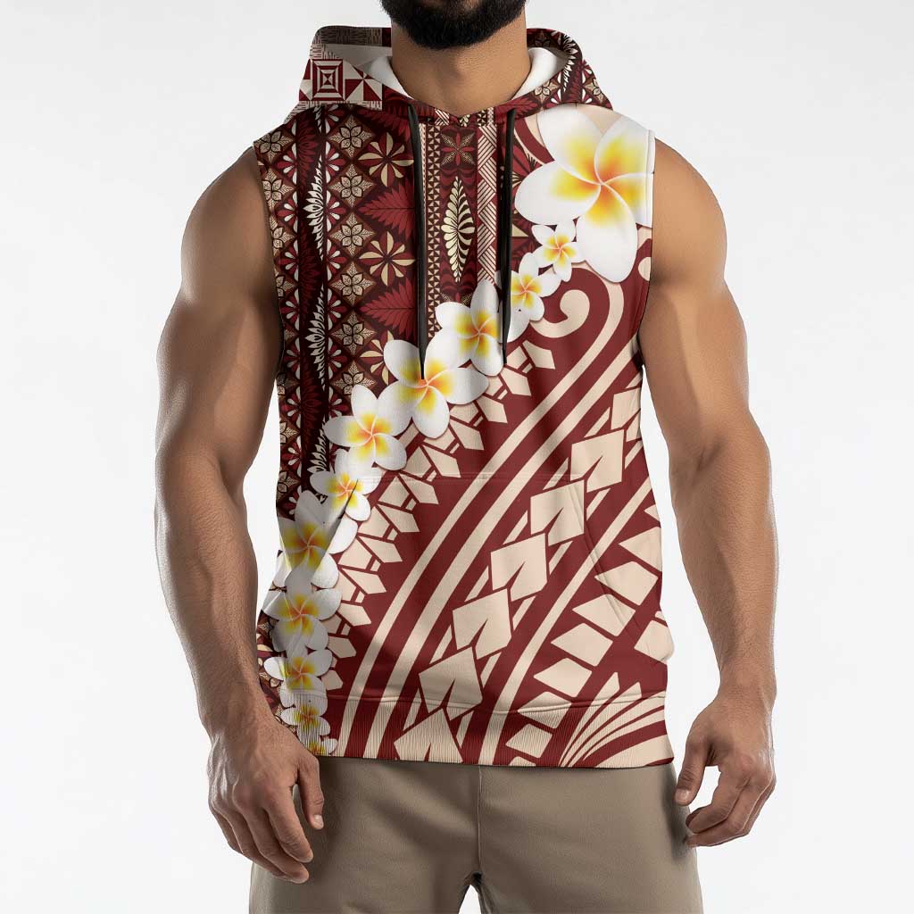 Red Vintage Tonga Ngatu Pattern With Plumeria Sleeveless Hoodie - Polynesian Pride