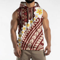Red Vintage Tonga Ngatu Pattern With Plumeria Sleeveless Hoodie - Polynesian Pride