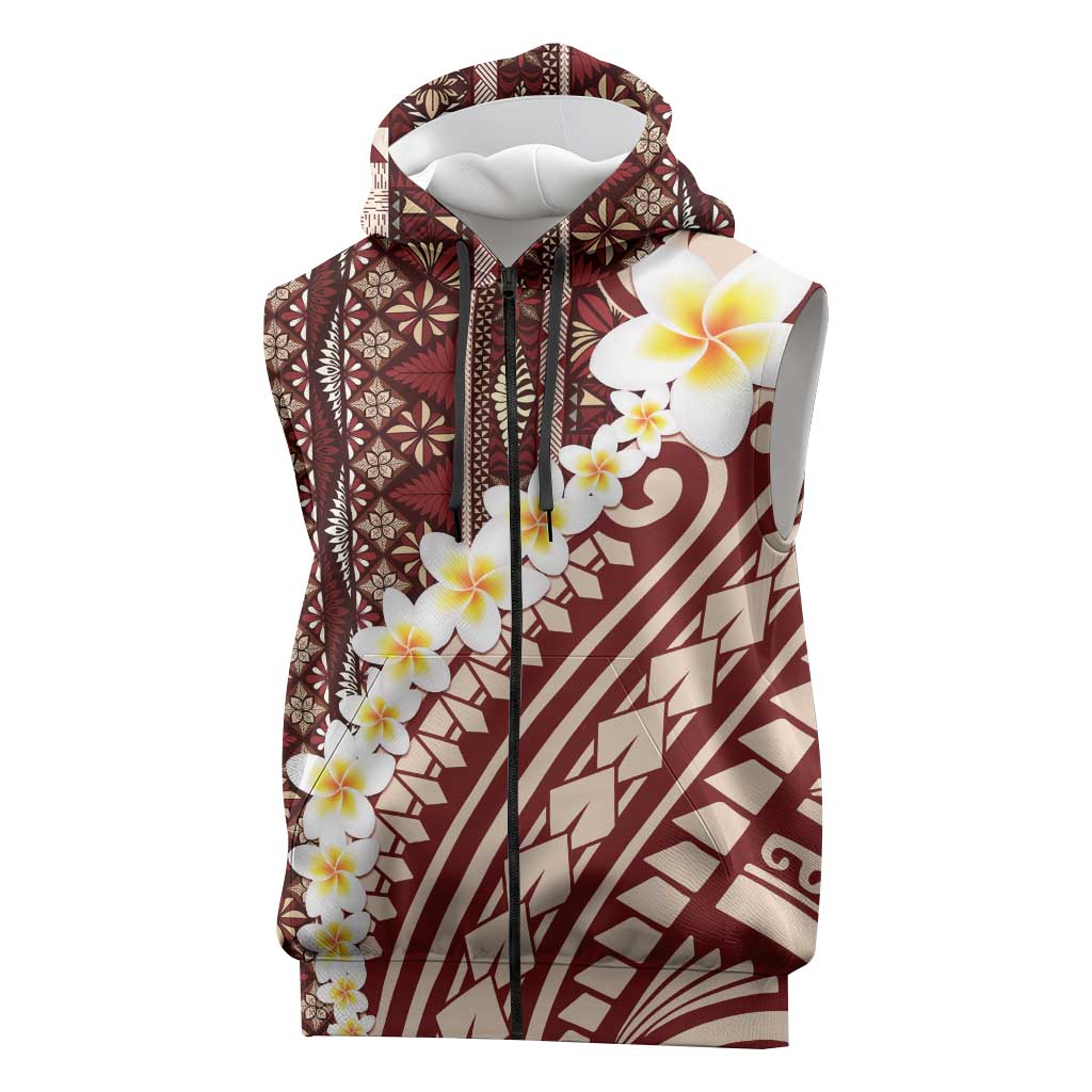 Red Vintage Tonga Ngatu Pattern With Plumeria Sleeveless Zip Hoodie LT05 Red - Polynesian Pride
