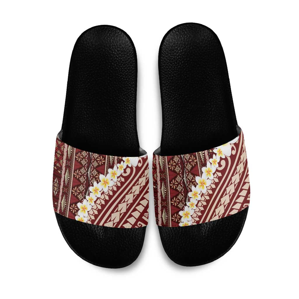 Red Vintage Tonga Ngatu Pattern With Plumeria Slide Sandals - Polynesian Pride